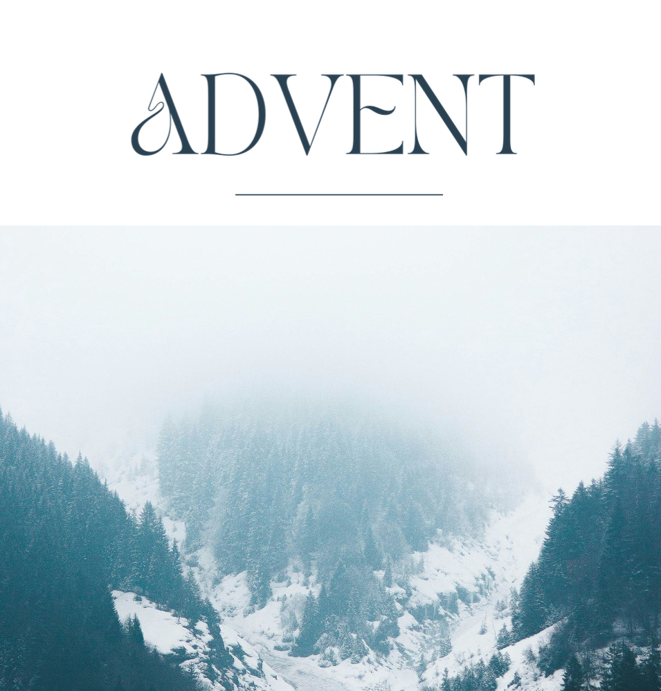 Photo of snowy mountainside with text "The Advent Parish Devotional"